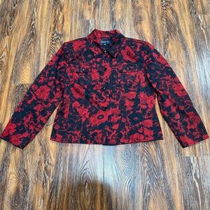 Jones New York Floral Red & Black Blazer Jacket Top Button Up Stretch Size 16 XL
